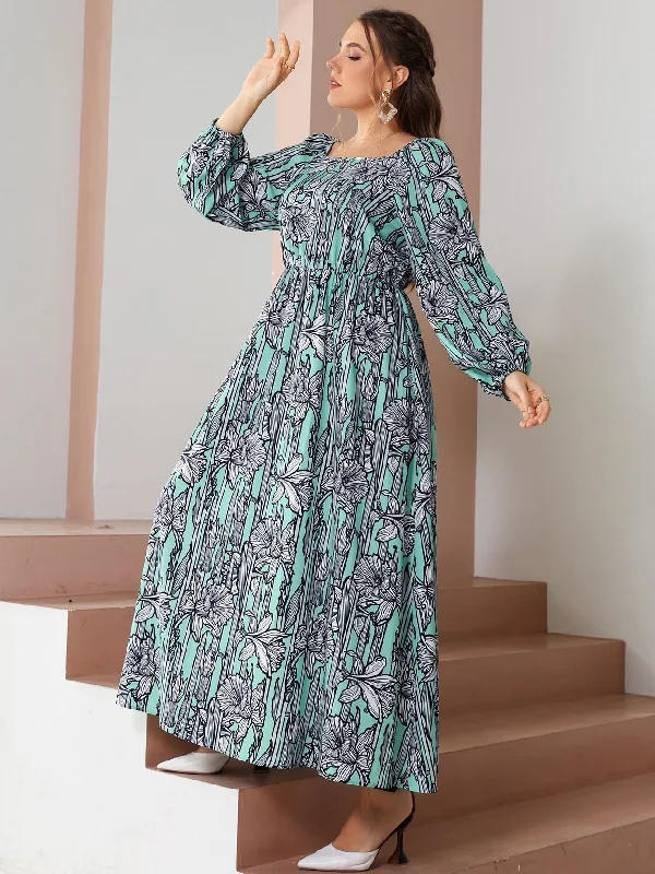 Elegant Floral Long Sleeve Square Neck Flared High Waist Long Plus Size Dress