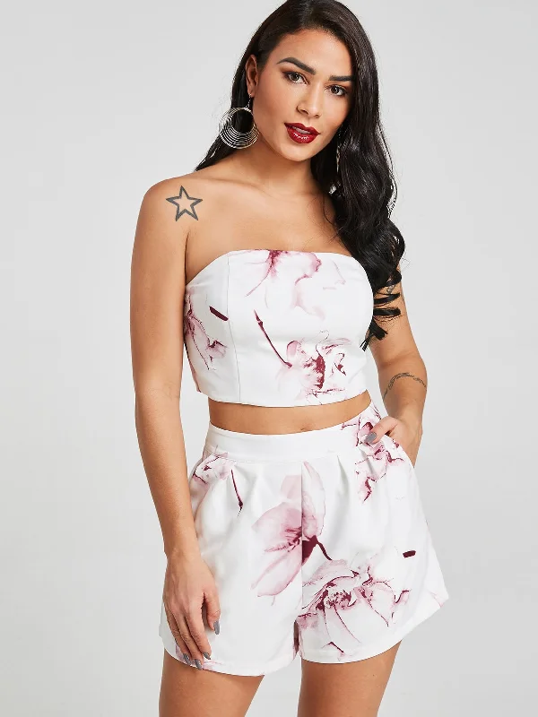 Custom Tube Top Floral Print Sleeveless White Two Piece Outfits