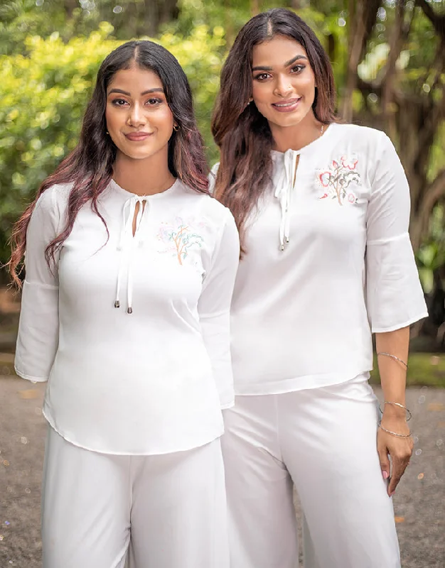 White Round Neck Top with Embroidered