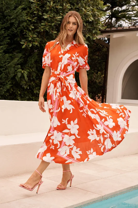 Bella Maxi Shirt Dress in Tangerine with White Floral