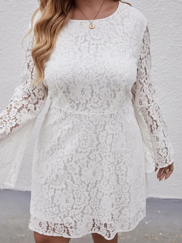 Elegant Floral Long Sleeve Round Neck Flared High Waist Midi Plus Size Dress