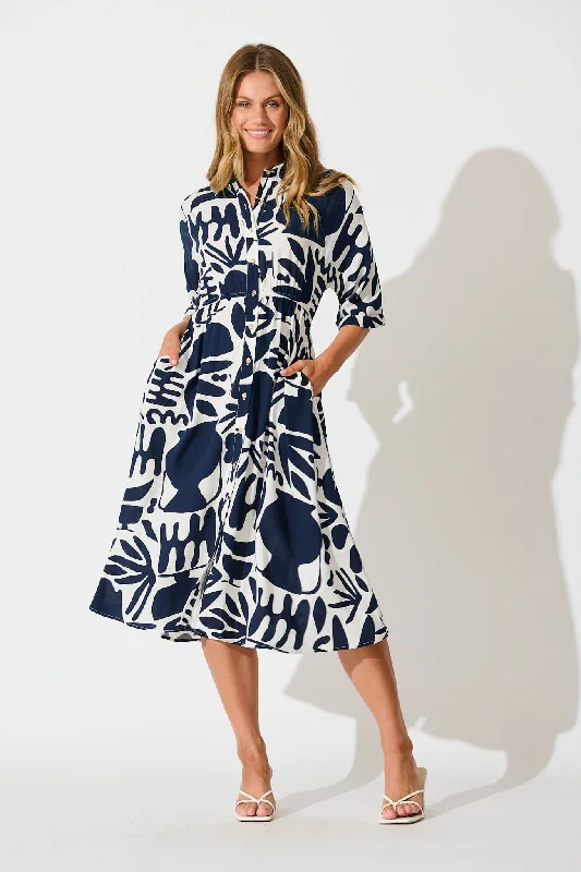 Charlotte Midi Shirt Dress In Navy and White Print