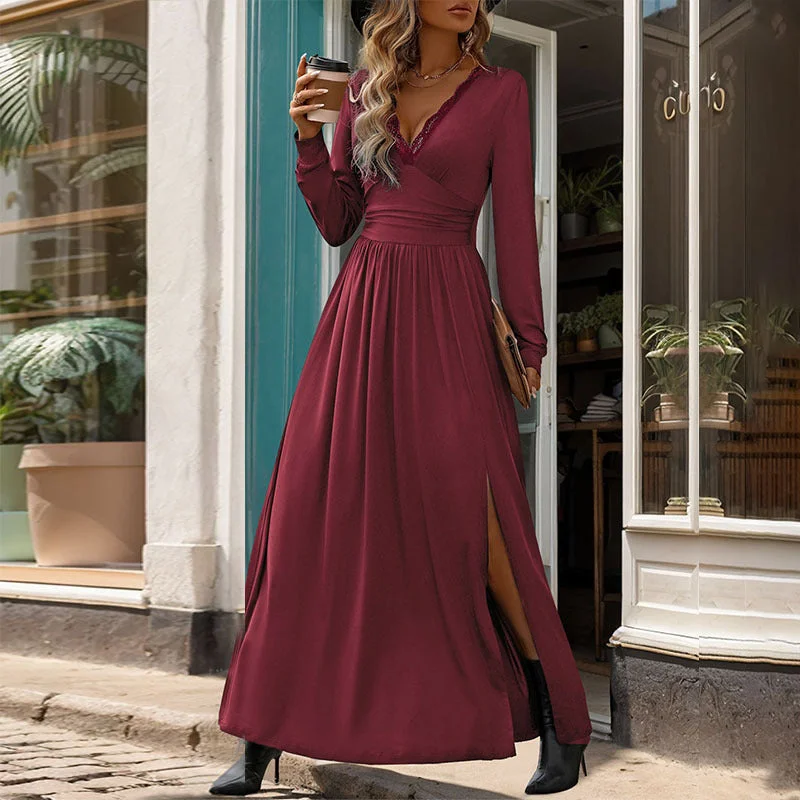 Solid Color Slit Slim Fit Long Sleeve Maxi Dresses Wholesale Womens Clothing N3824062800010