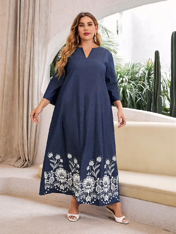 Elegant Floral Three Quarter Length Sleeve Notched Straight Natural Maxi Plus Size Dress