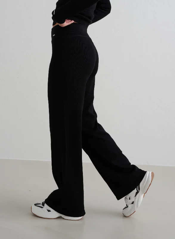 Black Ribbed Wool Wide Pants