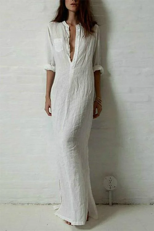 Wholesale White Deep V Neck 3/4 Sleeve Length Dresses