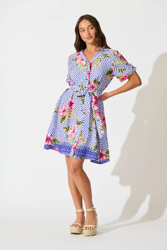 Winola Shirt Dress in Blue with Multi Floral Print