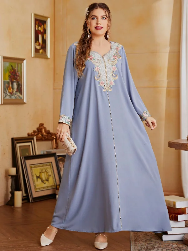 Casual Embroidery Long Sleeve V Neck Flared Maxi Plus Size Dress