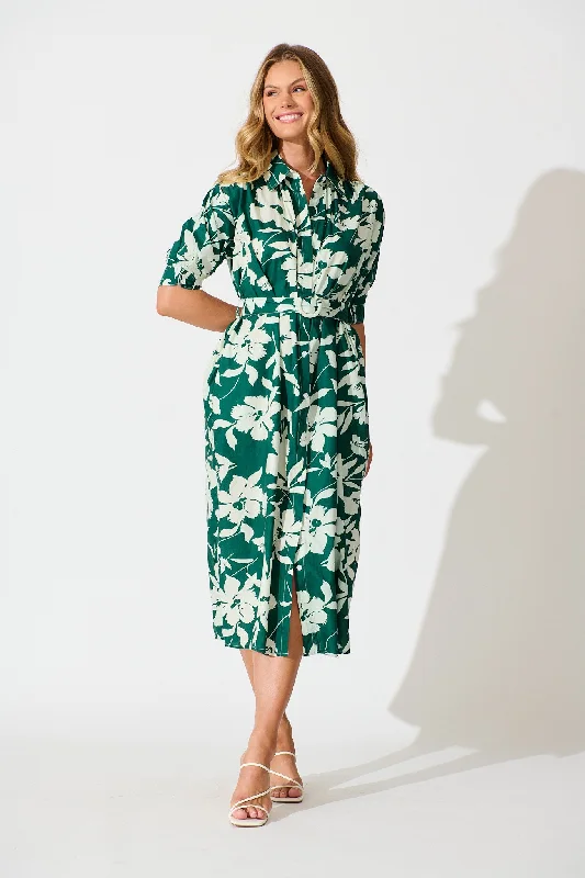 Scottdale Midi Shirt Dress in Emerald Print Cotton