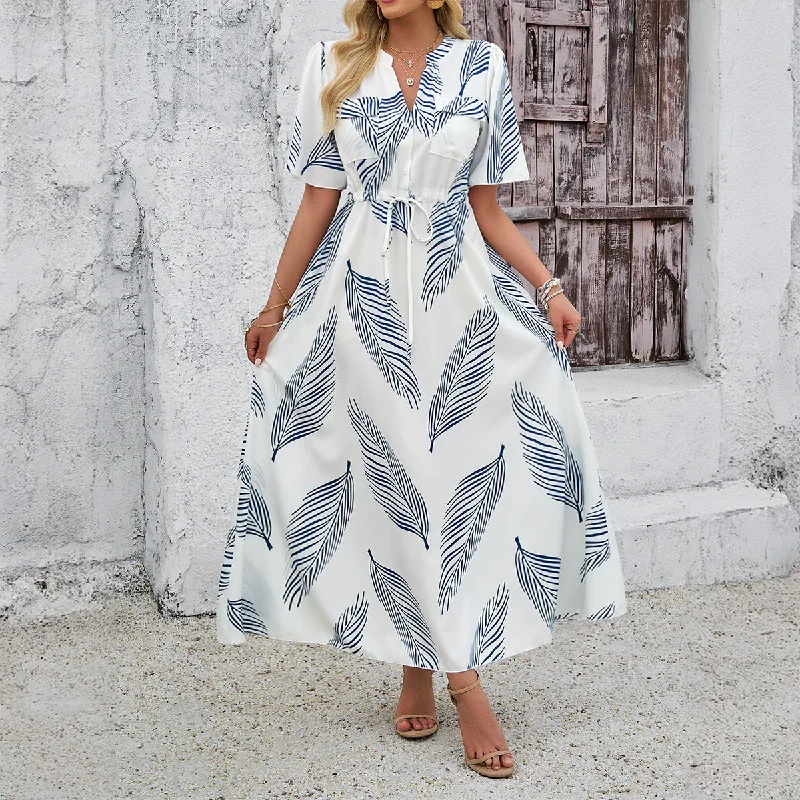 Resort Printed V-Neck Short Sleeve Maxi Dresses Summer Wholesale Womens Clothing N3824071500005