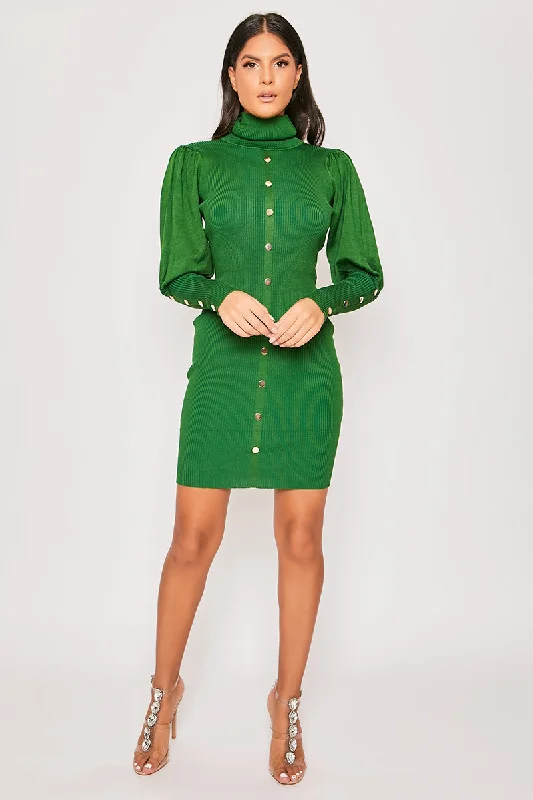 Florentine - Green Gold Button Roll Neck Jumper Dress