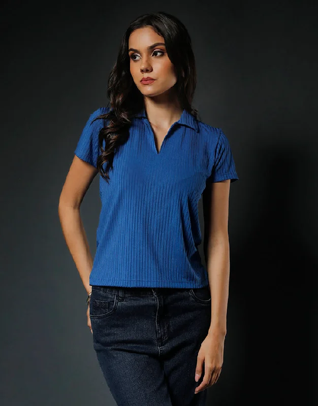 Short Sleeves Rib Knit Collared Top